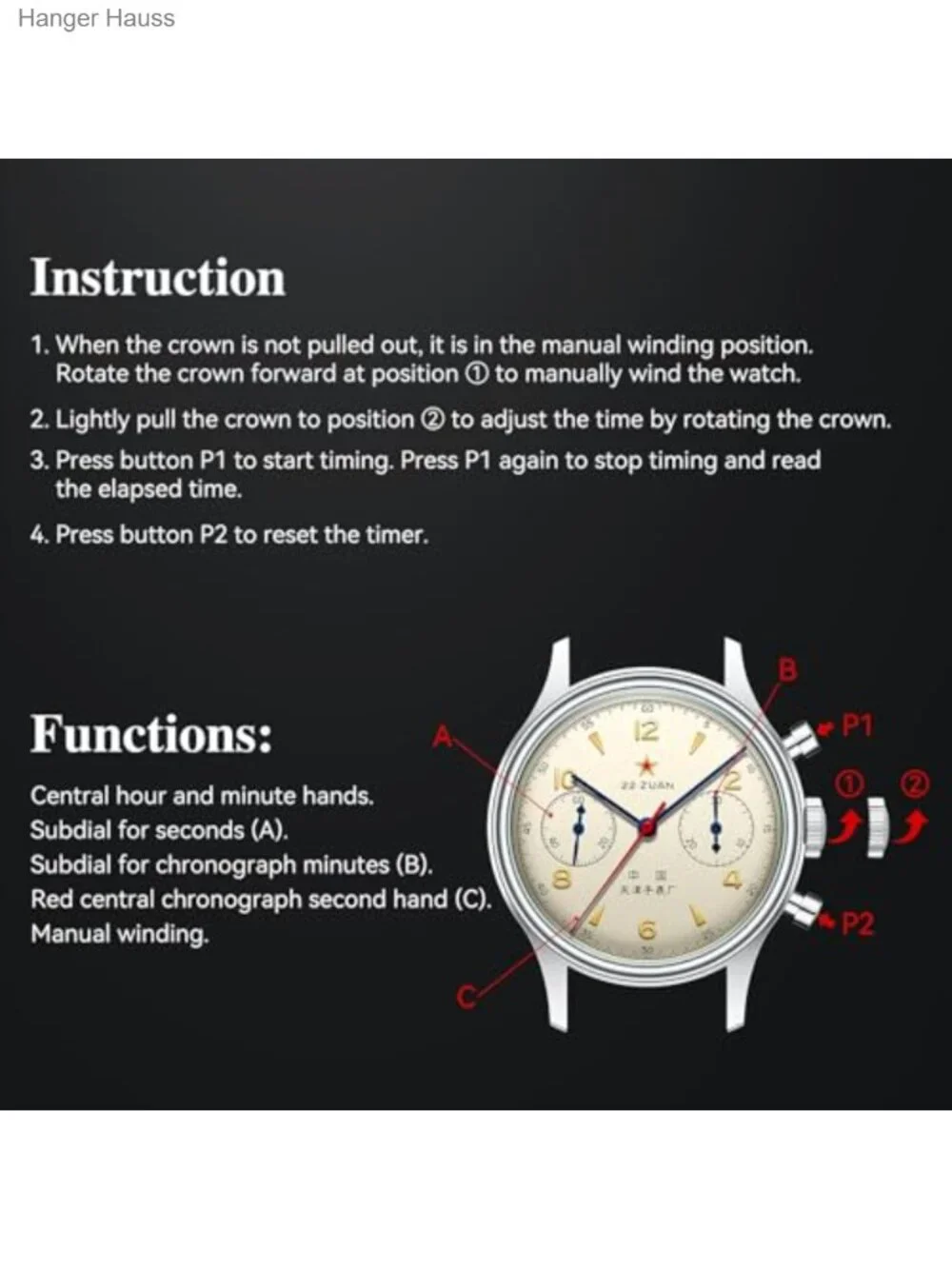 Men's Mechanical Hand Wind Chronograph Pilot Watch with Canvas Strap